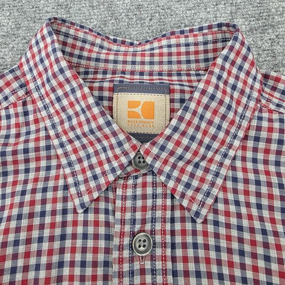 Hugo Boss Shirt Men Large Check Boss Orange Roll Tab Sleeve Casual Cotton Preppy - Picture 15 of 16